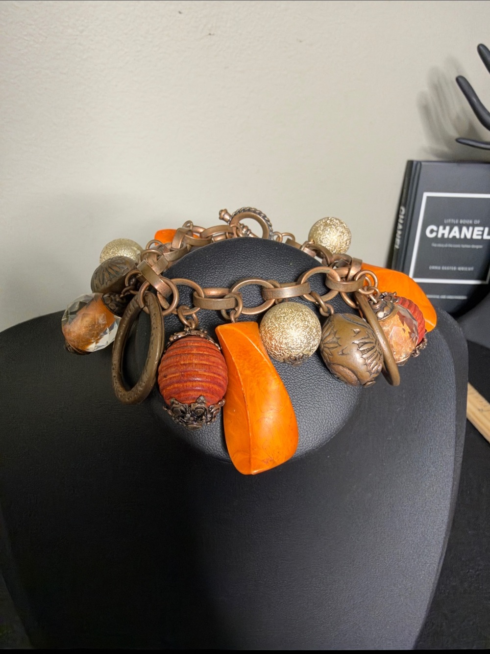 Bronze Tone Orange Chunky Boho Fall Colors Charm Bracelet